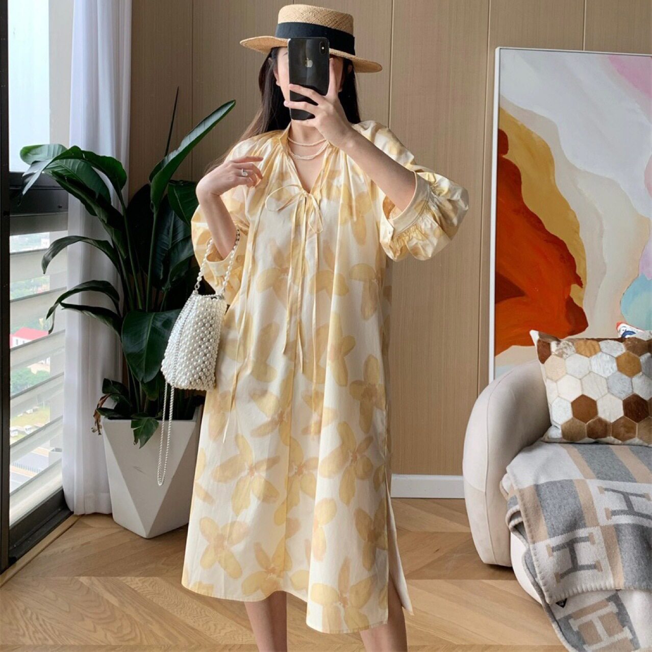 Hainan Sanya beach dress, yellow iris floral print dress, loose mid-length dress for seaside vacation details Picture